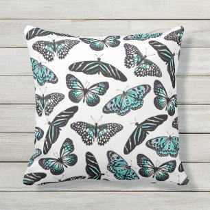Aqua Teal Black Butterflies Watercolor Mönster Kudde