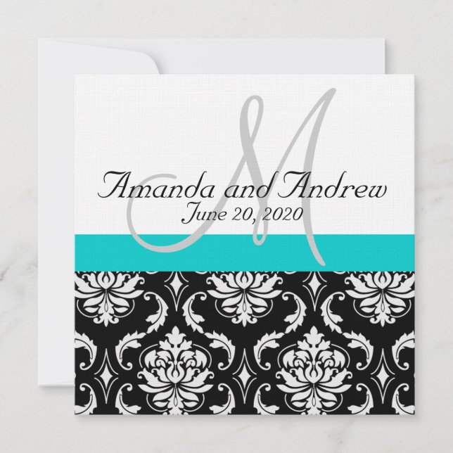 Aqua Teal Black Damask Namn bröllopsinbjudning Inbjudningar (Framsida)