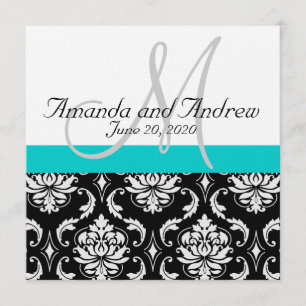 Aqua Teal Black Damask Namn bröllopsinbjudning Inbjudningar