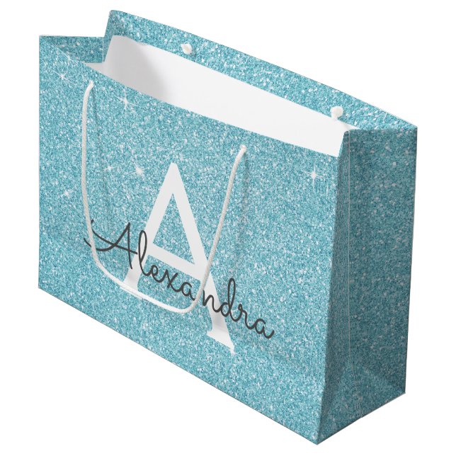 Aqua Teal Blue Glitter & Gnistra Monogram (Framsidan Vinklad)