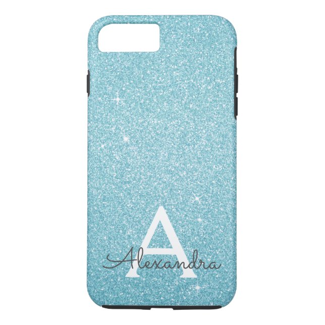 Aqua Teal Blue Glitter och Gnistra Monogram Case-Mate iPhone Skal (Baksida)