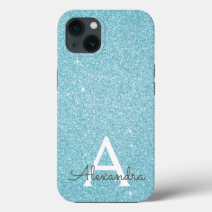 Aqua Teal Blue Glitter och Gnistra Monogram Fodral