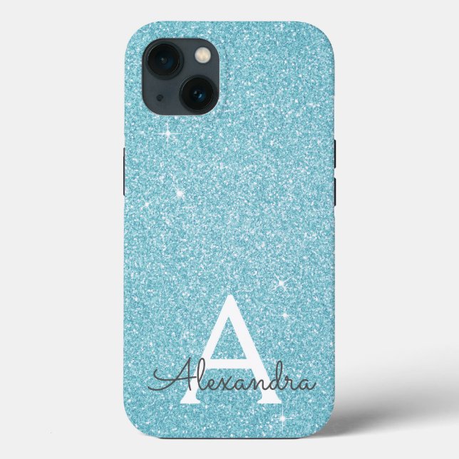 Aqua Teal Blue Glitter och Gnistra Monogram Fodral (Baksida)