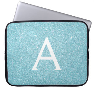 Aqua Teal Blue Glitter och Gnistra Monogram Laptop Fodral