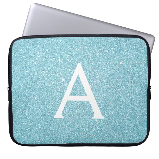Aqua Teal Blue Glitter och Gnistra Monogram Laptop Fodral (Framsidan)