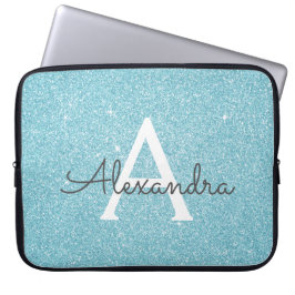 Aqua Teal Blue Glitter och Gnistra Monogram Laptop Fodral