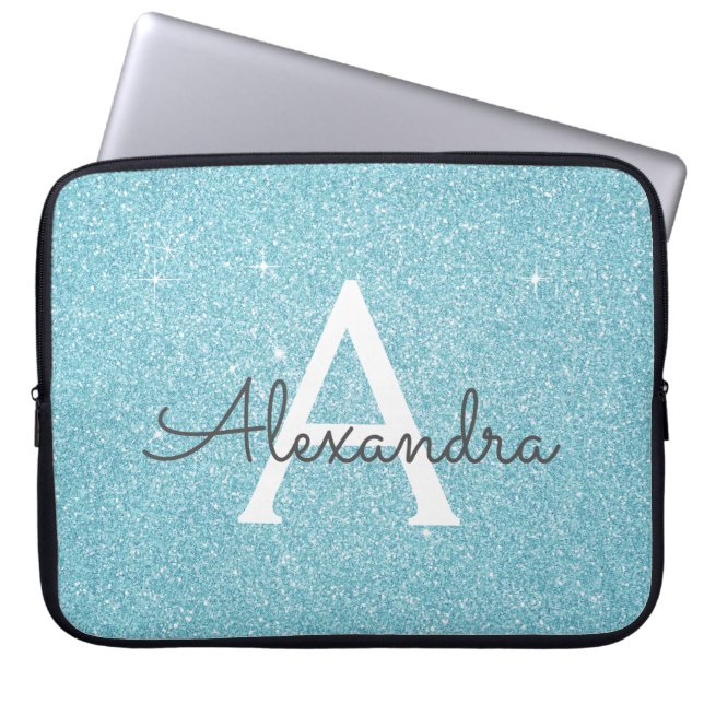 Aqua Teal Blue Glitter och Gnistra Monogram Laptop Fodral (Framsidan)