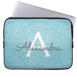 Aqua Teal Blue Glitter och Gnistra Monogram Laptop Fodral