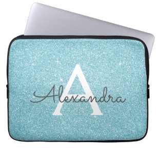 Aqua Teal Blue Glitter och Gnistra Monogram Laptop Fodral