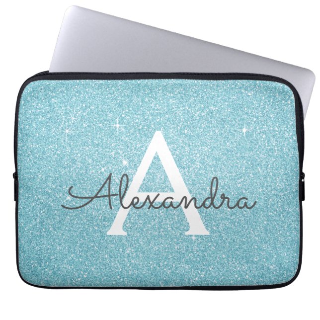Aqua Teal Blue Glitter och Gnistra Monogram Laptop Fodral (Framsidan)