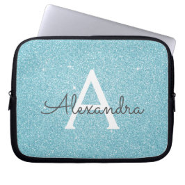Aqua Teal Blue Glitter och Gnistra Monogram Laptop Fodral