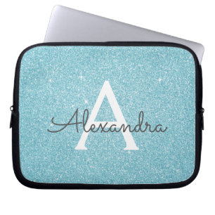 Aqua Teal Blue Glitter och Gnistra Monogram Laptop Fodral