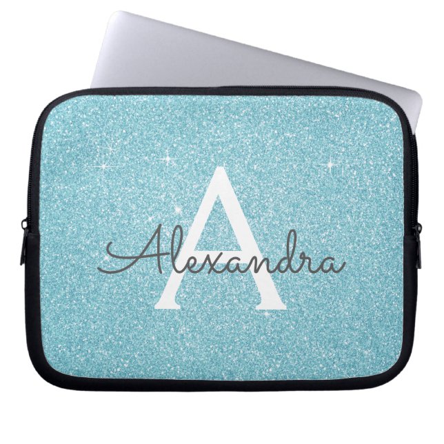 Aqua Teal Blue Glitter och Gnistra Monogram Laptop Fodral (Framsidan)