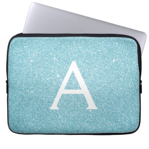 Aqua Teal Blue Glitter och Gnistra Monogram Laptop Fodral