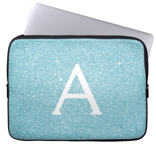 Aqua Teal Blue Glitter och Gnistra Monogram Laptop Fodral (Framsidan)