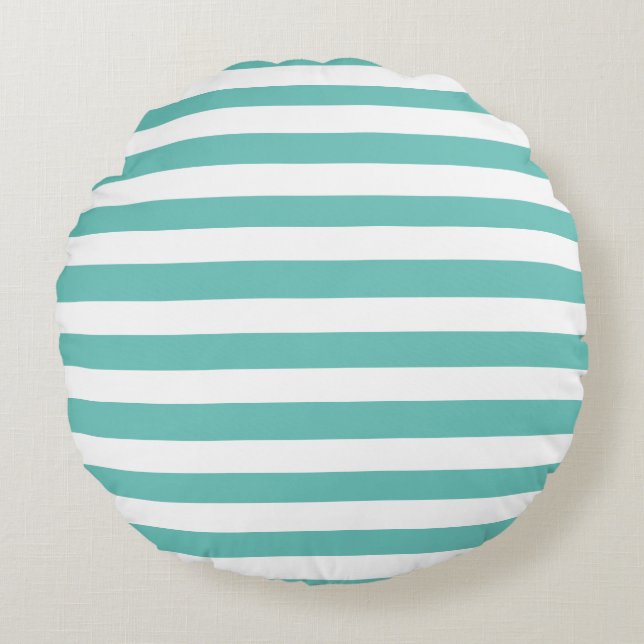 Aqua Teal Blue och White Stripe Nautical Coastal Rund Kudde (Framsidan)