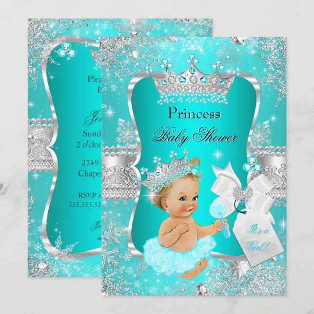 Aqua Teal Blue Princess Baby Shower Blonde Girl Inbjudningar (Fram/baksida)