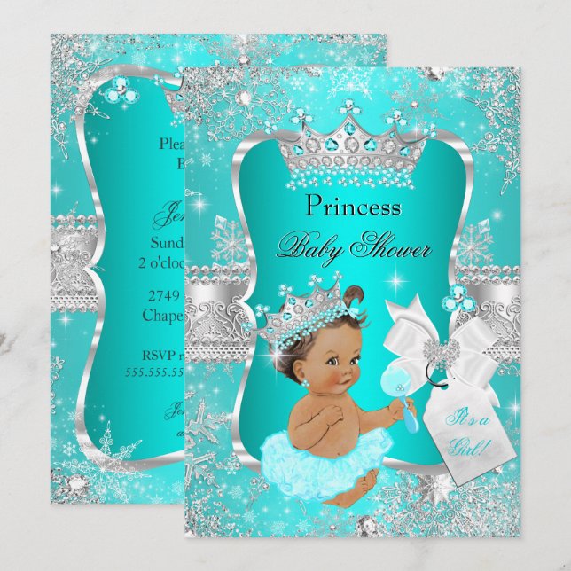 Aqua Teal Blue Princess Baby Shower Brunette Inbjudningar (Fram/baksida)