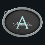 Aqua Teal Blue Script Girly Monogram Namn<br><div class="desc">Svarta och akvatiska blåblå Monogram Namn Bälte Buckle med enkelt skript. Detta gör perfekt studenten,  söt 16 16,  18,  21,  30,  40,  50,  60,  70,  80,  90:e,  100-årsdag,  bröllop,  möhippa,  årsdag,  babydusch eller bachelorette-gåva till någon som glam lyx och chic stilar.</div>
