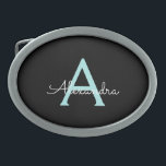 Aqua Teal Blue Script Girly Monogram Namn<br><div class="desc">Svarta och akvatiska blåblå Monogram Namn Bälte Buckle med enkelt skript. Detta gör perfekt studenten,  söt 16 16,  18,  21,  30,  40,  50,  60,  70,  80,  90:e,  100-årsdag,  bröllop,  möhippa,  årsdag,  babydusch eller bachelorette-gåva till någon som glam lyx och chic stilar.</div>