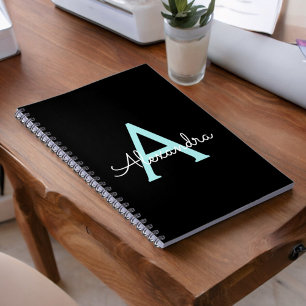 Aqua Teal Blue Script Girly Monogram Namn Anteckningsbok