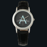 Aqua Teal Blue Script Girly Monogram Namn Armbandsur<br><div class="desc">Black and Aqua Teal Blue Simple Script Monogram Namn Watch. Det gör perfekt studenten,  födelsedag,  bröllop,  möhippa,  årsdag,  babydusch eller bachelorette-fest till någon som glam lyx och chic stilar.</div>