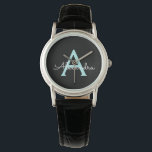 Aqua Teal Blue Script Girly Monogram Namn Armbandsur<br><div class="desc">Black and Aqua Teal Blue Simple Script Monogram Namn Watch. Det gör perfekt studenten,  födelsedag,  bröllop,  möhippa,  årsdag,  babydusch eller bachelorette-fest till någon som glam lyx och chic stilar.</div>