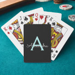 Aqua Teal Blue Script Girly Monogram Namn Casinokort<br><div class="desc">Svarta och akvatiska blåa Teal Simple Script Monogram Namn-uppspelningskort. Det gör perfekten söt 16-årsjubileum,  bröllop,  möhippa,  årsdag,  babydusch eller bachelorette-fest för någon som glam lyxen och chic stilar i kärlek.</div>
