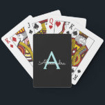 Aqua Teal Blue Script Girly Monogram Namn Casinokort<br><div class="desc">Svarta och akvatiska blåa Teal Simple Script Monogram Namn-uppspelningskort. Det gör perfekten söt 16-årsjubileum,  bröllop,  möhippa,  årsdag,  babydusch eller bachelorette-fest för någon som glam lyxen och chic stilar i kärlek.</div>