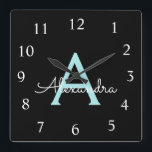 Aqua Teal Blue Script Girly Monogram Namn Fyrkantig Klocka<br><div class="desc">Aqua Blue Teal and Black Script Monogram Namn Clock. Det gör perfekten söt 16-årsjubileum,  bröllop,  möhippa,  årsdag,  babydusch eller bachelorette-fest för någon som glam lyxen och chic stilar i kärlek.</div>