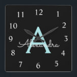 Aqua Teal Blue Script Girly Monogram Namn Fyrkantig Klocka<br><div class="desc">Aqua Blue Teal and Black Script Monogram Namn Clock. Det gör perfekten söt 16-årsjubileum,  bröllop,  möhippa,  årsdag,  babydusch eller bachelorette-fest för någon som glam lyxen och chic stilar i kärlek.</div>