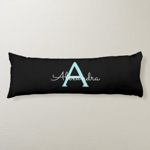 Aqua Teal Blue Script Girly Monogram Namn Kroppskudde