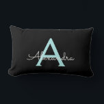 Aqua Teal Blue Script Girly Monogram Namn Lumbarkudde<br><div class="desc">Aqua Teal Blue och Black Monogram Lägg till ditt eget Namn Lumbar Pillow. Det gör perfekten söt 16-årsjubileum,  bröllop,  möhippa,  årsdag,  babydusch eller bachelorette-fest för någon som glam lyxen och chic stilar i kärlek.</div>