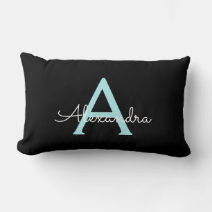 Aqua Teal Blue Script Girly Monogram Namn Lumbarkudde