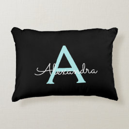 Aqua Teal Blue Script Girly Monogram Namn Prydnadskudde