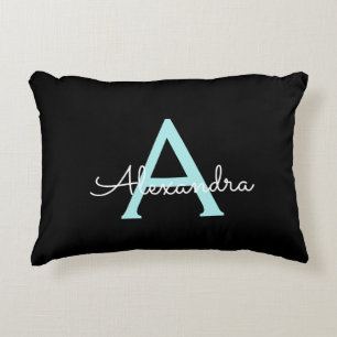 Aqua Teal Blue Script Girly Monogram Namn Prydnadskudde