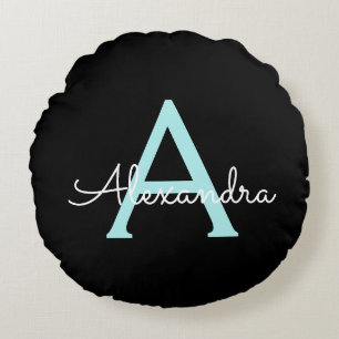 Aqua Teal Blue Script Girly Monogram Namn Rund Kudde