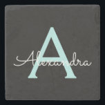 Aqua Teal Blue Script Girly Monogram Namn Stenunderlägg<br><div class="desc">Svart och akvatusblått,  enkelt skript,  monogram Namn stenplatta. Det gör perfekt studenten,  söt 16-årsdag,  bröllop,  möhippa,  årsdag,  babydusch eller bachelorette-fest till någon som kärlek glam lyx och chic stilar.</div>