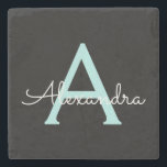 Aqua Teal Blue Script Girly Monogram Namn Stenunderlägg<br><div class="desc">Svart och akvatusblått,  enkelt skript,  monogram Namn stenplatta. Det gör perfekt studenten,  söt 16-årsdag,  bröllop,  möhippa,  årsdag,  babydusch eller bachelorette-fest till någon som kärlek glam lyx och chic stilar.</div>