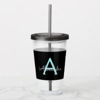 Aqua Teal Blue Script Girly Monogram Namn