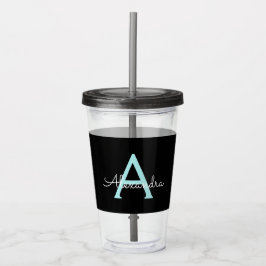 Aqua Teal Blue Script Girly Monogram Namn Take Away Mugg