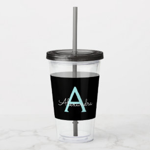 Aqua Teal Blue Script Girly Monogram Namn Take Away Mugg