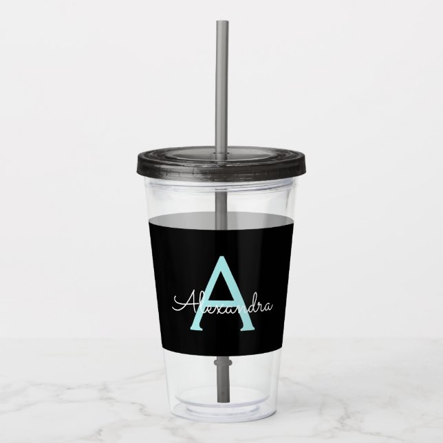 Aqua Teal Blue Script Girly Monogram Namn Take Away Mugg (Framsida)