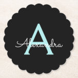 Aqua Teal Blue Script Girly Monogram Namn Underlägg Papper<br><div class="desc">Svart och akvatusblått,  enkelt skript,  Monogram Namn Pappra Underlägg. Det gör perfekt studenten,  födelsedag,  bröllop,  möhippa,  årsdag,  babydusch eller bachelorette-fest till någon som glam lyx och chic stilar.</div>