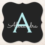 Aqua Teal Blue Script Girly Monogram Namn Underlägg Papper<br><div class="desc">Svart och akvatusblått,  enkelt skript,  Monogram Namn Pappra Underlägg. Det gör perfekt studenten,  födelsedag,  bröllop,  möhippa,  årsdag,  babydusch eller bachelorette-fest till någon som glam lyx och chic stilar.</div>