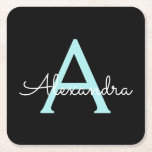 Aqua Teal Blue Script Girly Monogram Namn Underlägg Papper Kvadrat<br><div class="desc">Pappra Underlägg i svart och akvatisk blått,  enkelt skript,  Monogram Namn. Det gör perfekt studenten,  födelsedag,  bröllop,  möhippa,  årsdag,  babydusch eller bachelorette-fest till någon som glam lyx och chic stilar.</div>