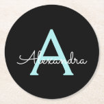 Aqua Teal Blue Script Girly Monogram Namn Underlägg Papper Rund<br><div class="desc">Svart och akvablått enkelt skript Monogram Namn Pappra Underlägg. Det gör perfekt studenten,  födelsedag,  bröllop,  möhippa,  årsdag,  babydusch eller bachelorette-fest till någon som glam lyx och chic stilar.</div>
