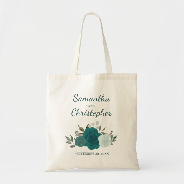 Aqua & Teal Boho Rosor Namn Bröllop  Tygkasse (Framsidan)