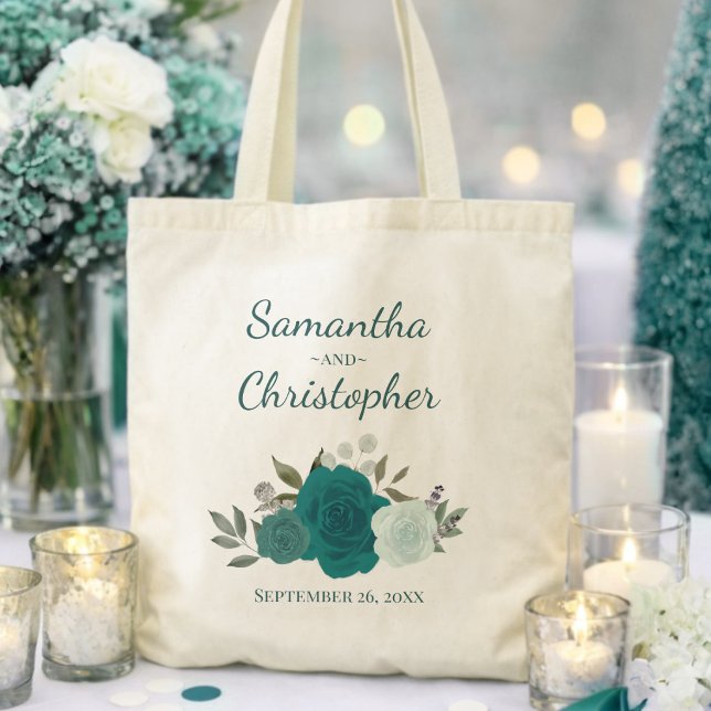 Aqua & Teal Boho Rosor Namn Bröllop  Tygkasse (Skapare uppladdad)