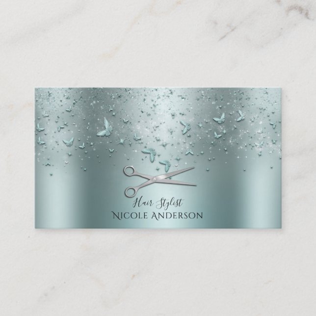 Aqua Teal Butterflies Silver Sissor Stylist Visitkort (Framsida)
